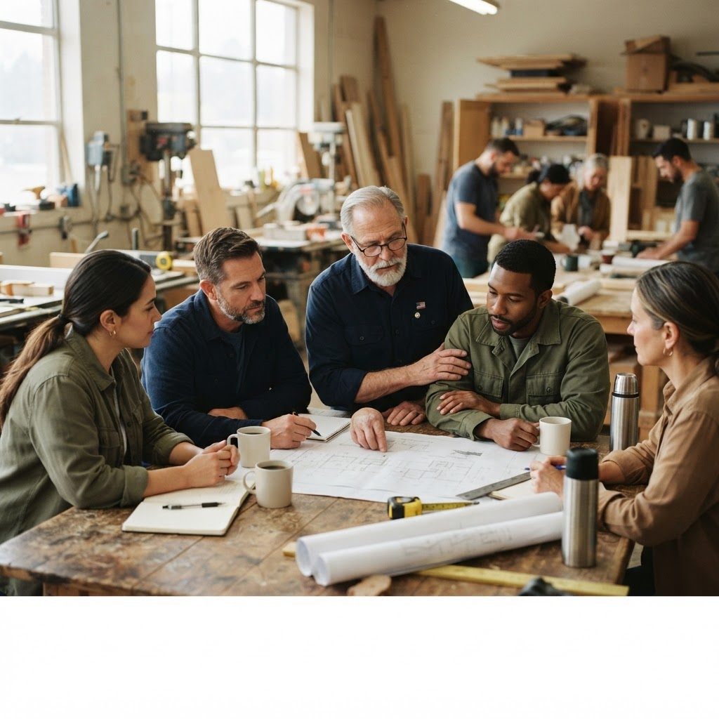 Veterans and mentors gathered around a workshop table