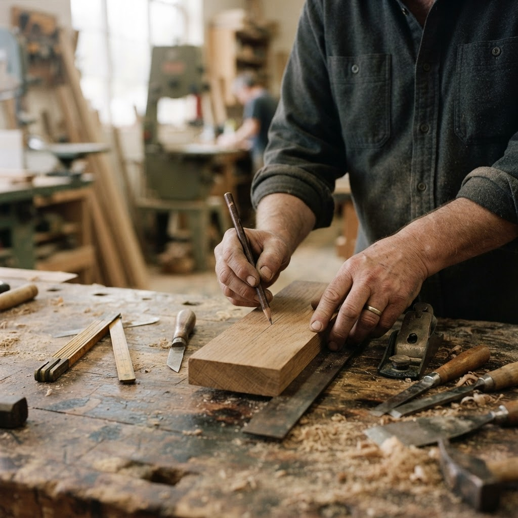 Hands measuring a piece of wood on a workbench